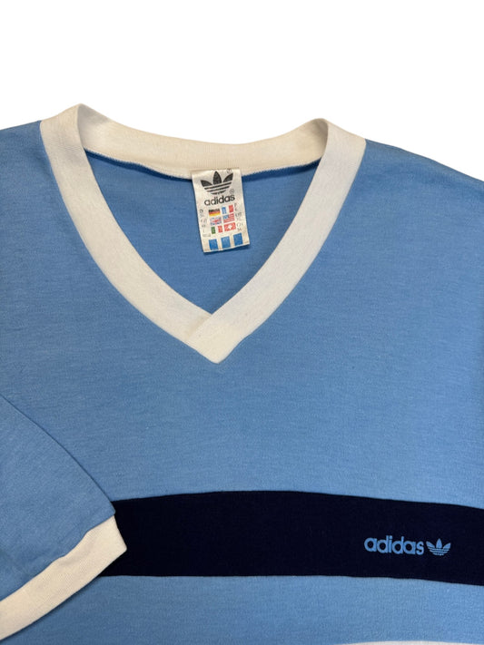 80s Adidas V-Neck Shirt Made In Ireland Weiß Blau 54 L-XL