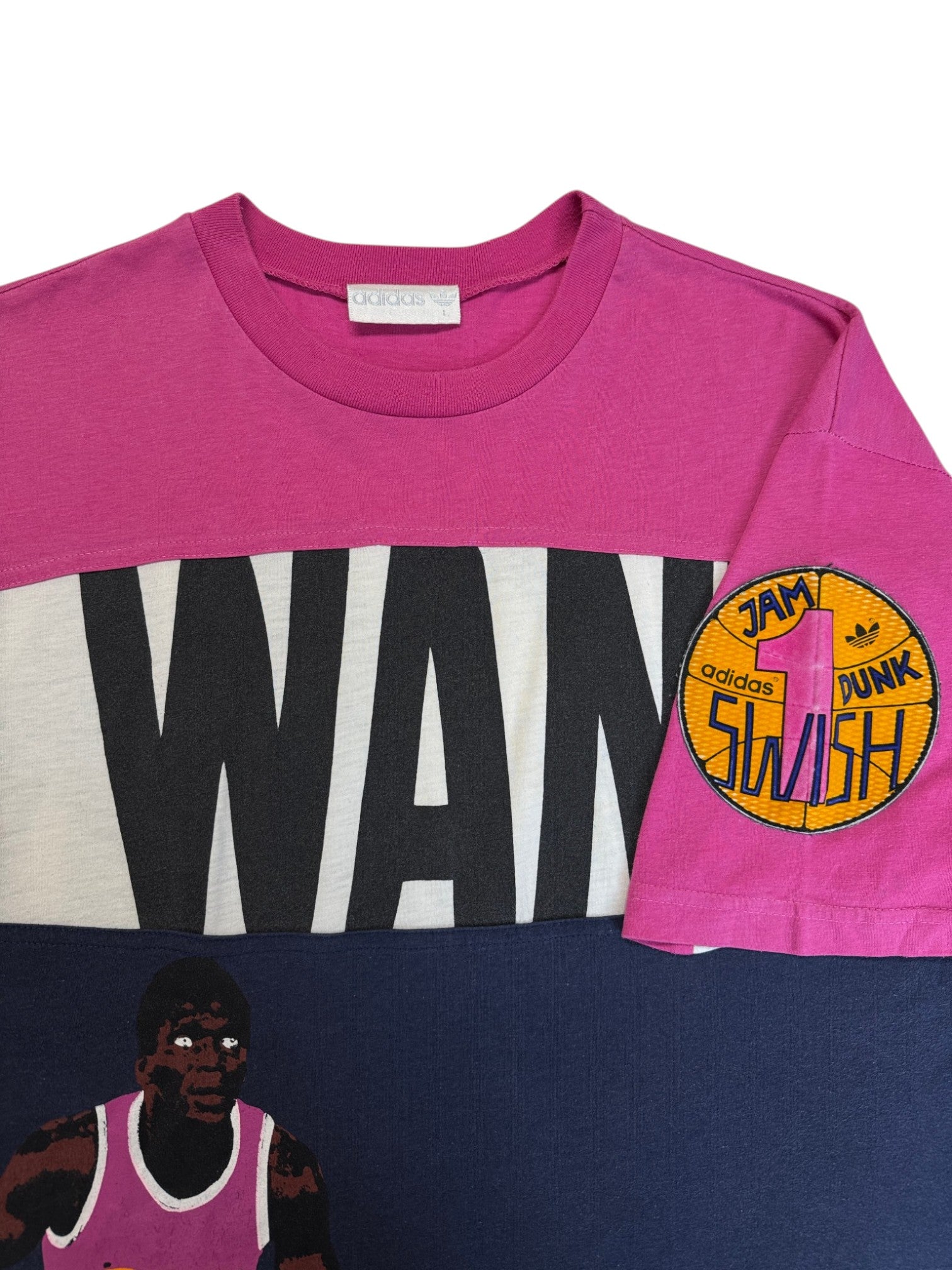 90s Adidas Shirt NBA Basketball "Jam Dunk, I want, I can" Made In Singapore Pink Dunkelblau L