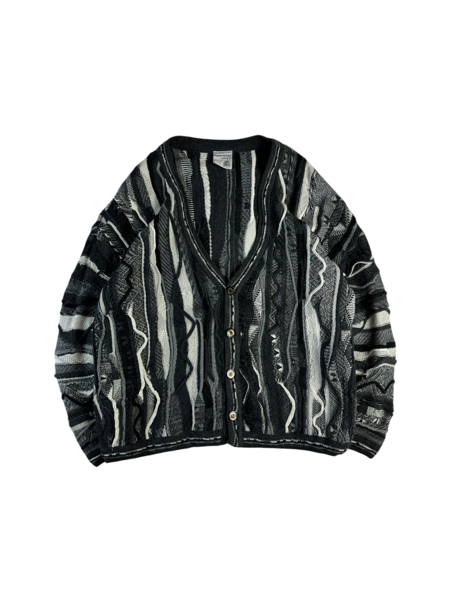 Vintage Purley Cardigan 90s Schurwolle 3D Wave Knit Made In Australia Schwarz Grau L-XL