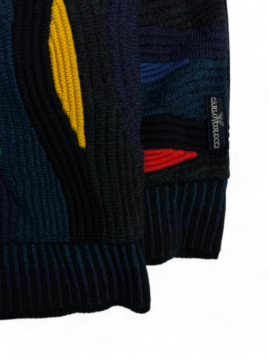 Vintage Carlo Colucci Cardigan 90s Mit Schurwolle Made In Germany Schwarz Bunt 56