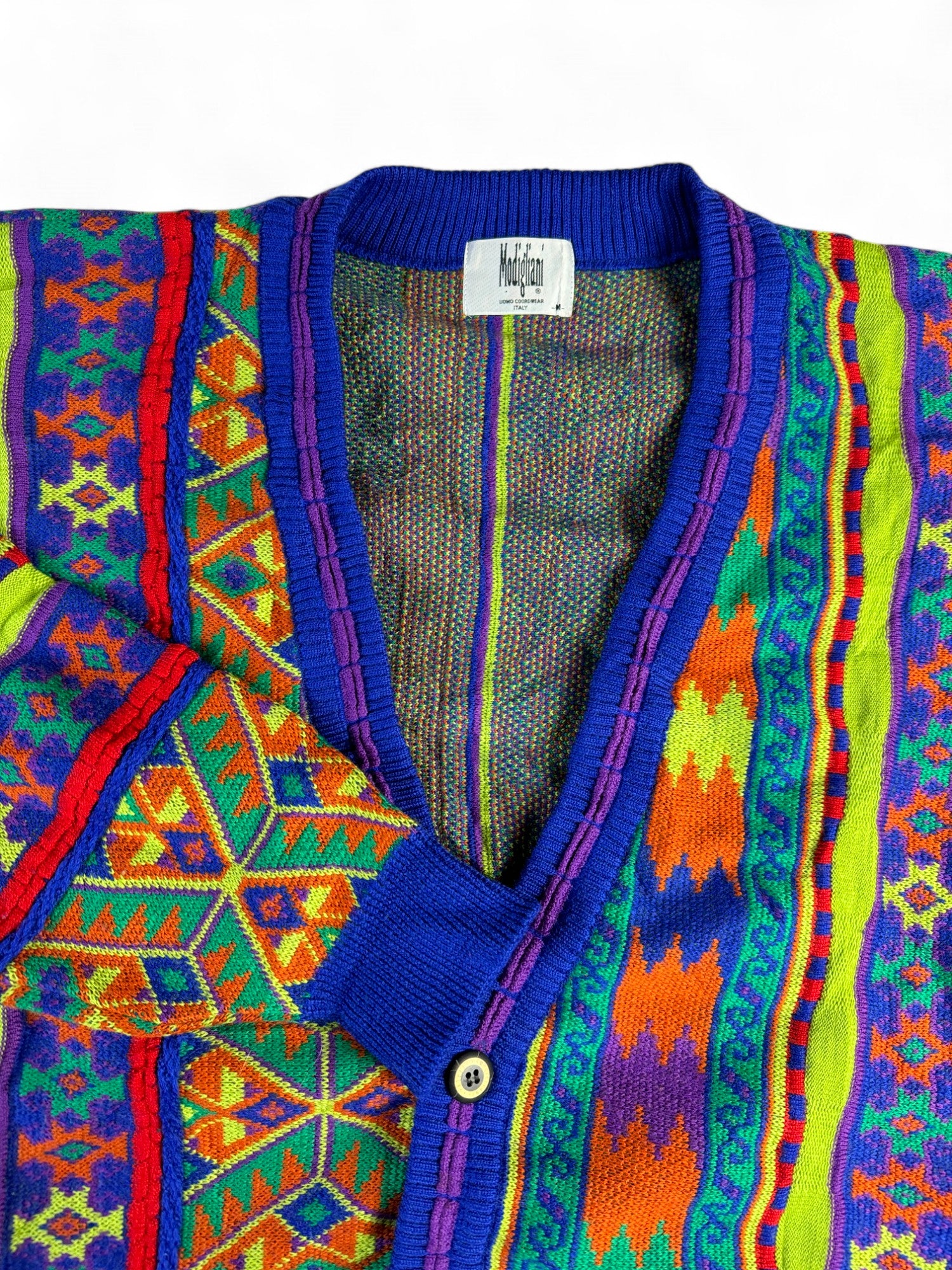 Vintage Modigliani Cardigan 90s Schurwolle Abstract Pattern 3D Knit Bunt M