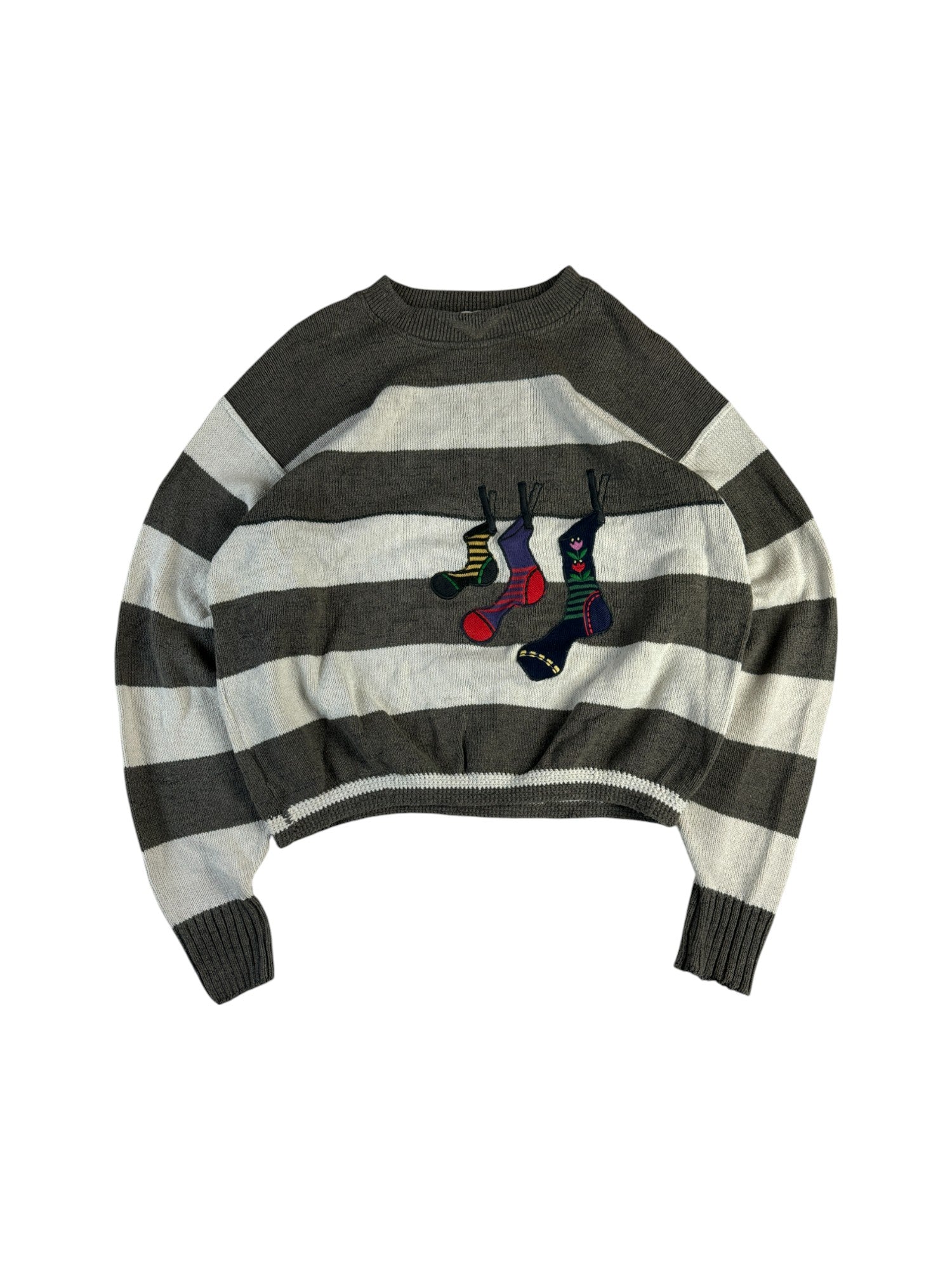 Vintage Carlo Colucci Strickpullover 80s Made In West-Germany Wäscheleine Gestreift Weiß Grau S-M