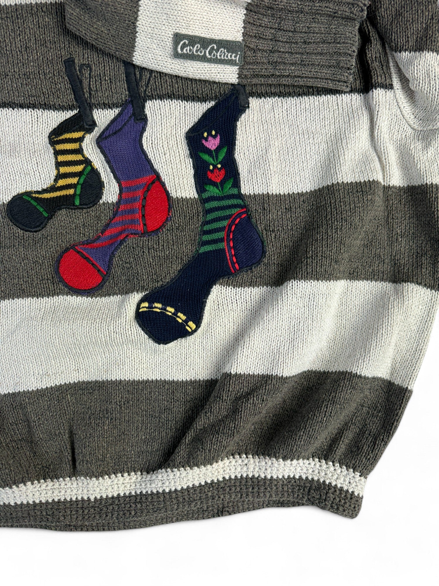 Vintage Carlo Colucci Strickpullover 80s Made In West-Germany Wäscheleine Gestreift Weiß Grau S-M