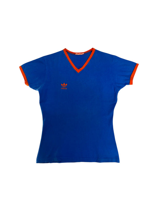 80s Adidas V-Neck RInger Shirt Made In Portugal Blau M