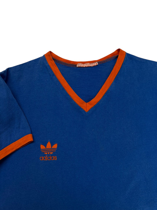 80s Adidas V-Neck RInger Shirt Made In Portugal Blau M