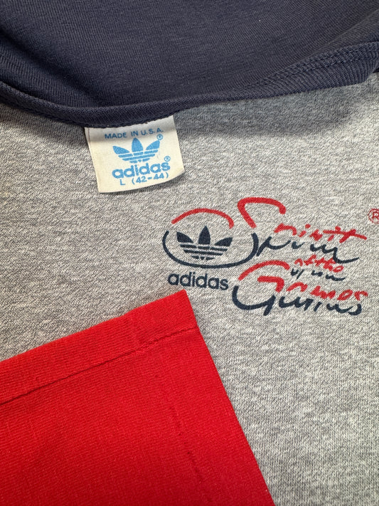 80s Adidas Shirt "Spirit of the Games" Made In USA Single Stitch Rot Grau L
