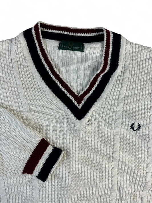Vintage Fred Perry Strickpullover 90s V-Ausschnitt Tennis Look Made In England Weiß L