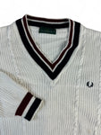 Vintage Fred Perry Strickpullover 90s V-Ausschnitt Tennis Look Made In England Weiß L