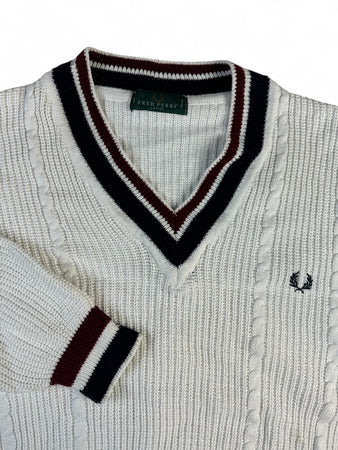 Vintage Fred Perry Strickpullover 90s V-Ausschnitt Tennis Look Made In England Weiß L