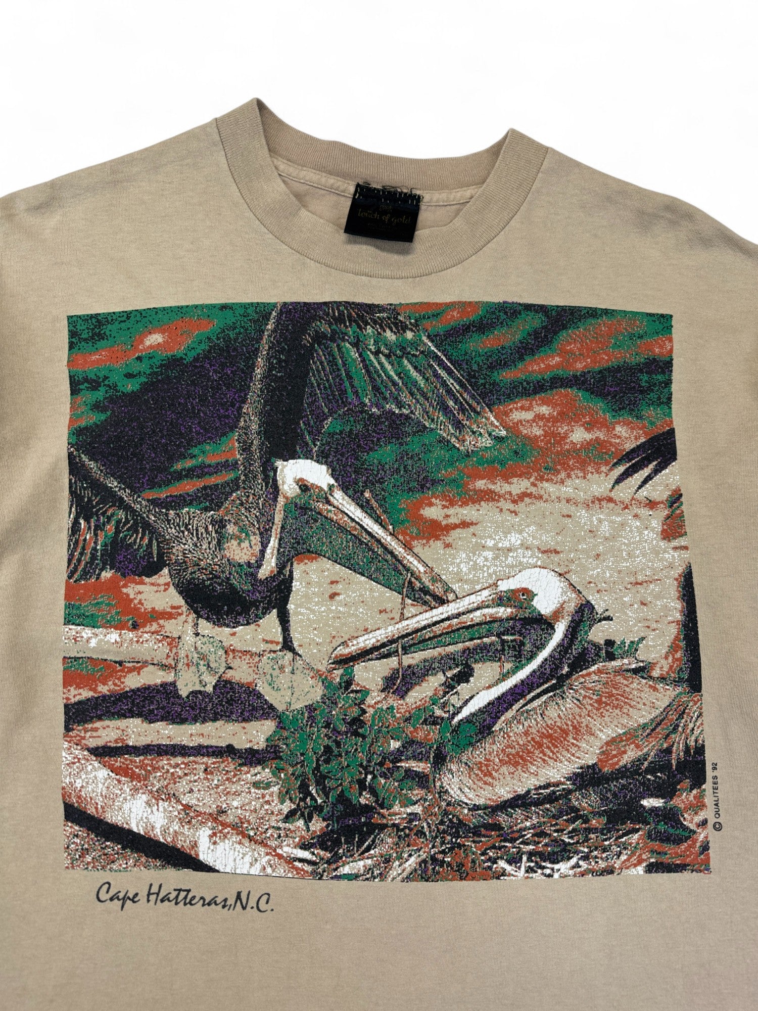 Vintage Touch Of Gold Shirt 1992 "Cape Hatteras N.C." Brown Pelicans Single Stitch Made In USA Braun L-XL