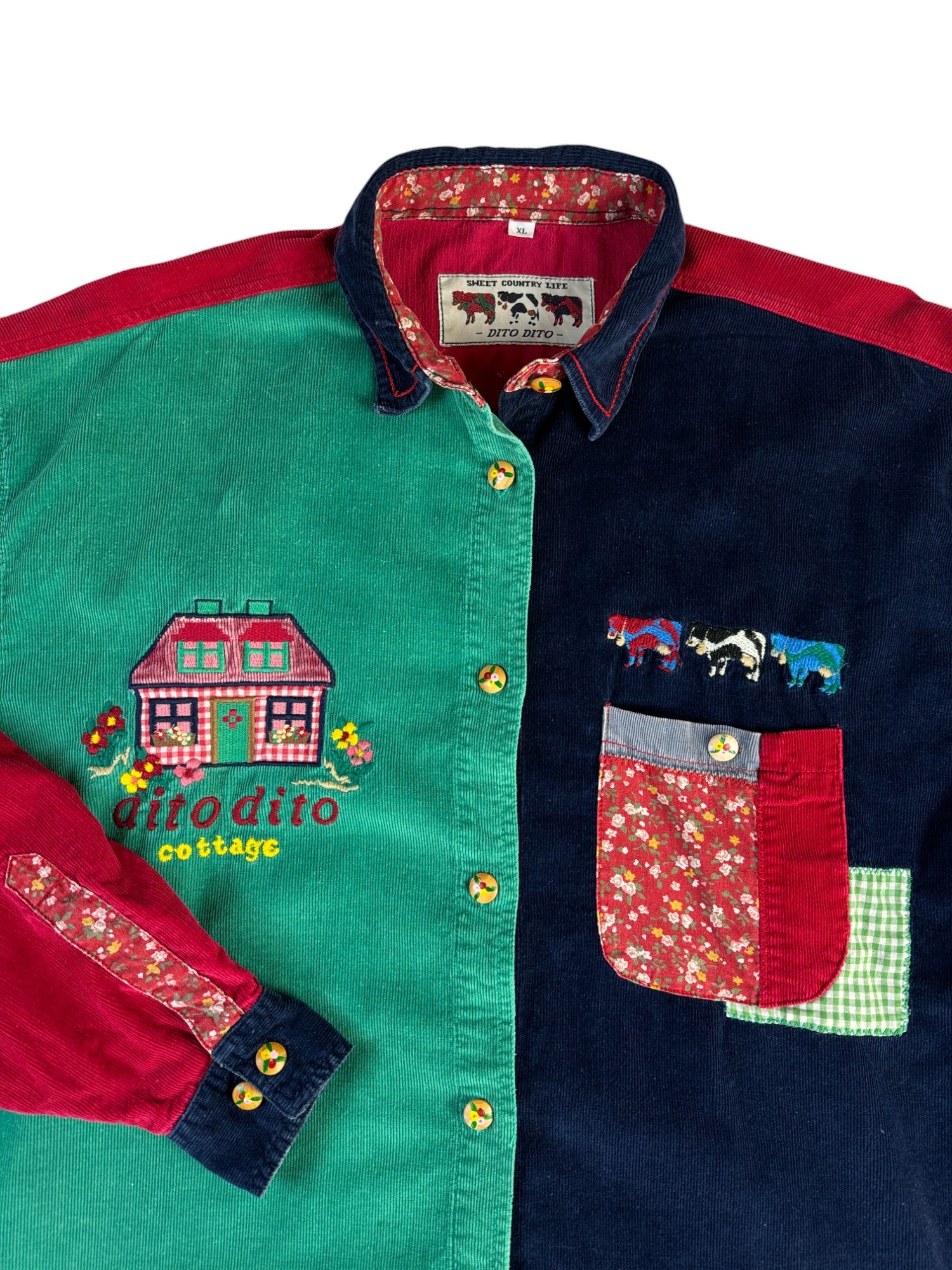 Vintage Dito Dito Cordhemd Patchwork "Sweet Country Life" Bunt XL
