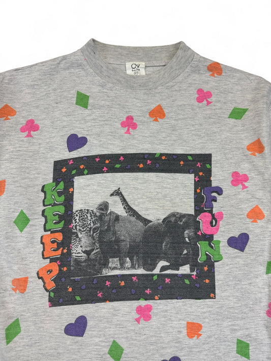 Vintage Animal Print Shirt 90s "Keep Fun" Safari Grau (Kids 164) S-M