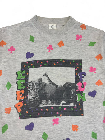 Vintage Animal Print Shirt 90s "Keep Fun" Safari Grau (Kids 164) S-M