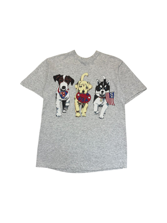 Vintage International Design Group Shirt 90s "Patriotic Dogs USA" Sea Bell Inc Single Stitch Grau XL-XXL