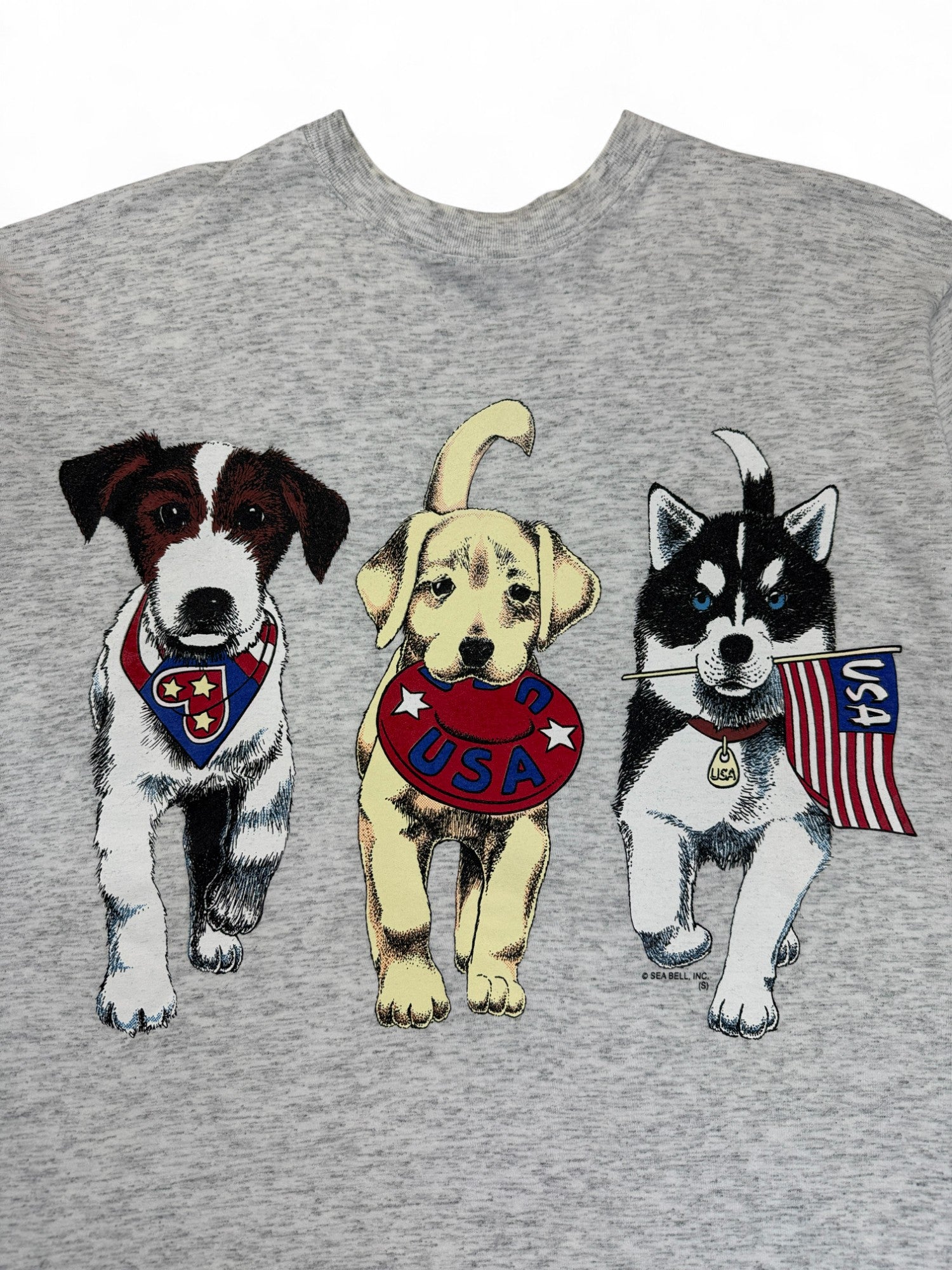 Vintage International Design Group Shirt 90s "Patriotic Dogs USA" Sea Bell Inc Single Stitch Grau XL-XXL