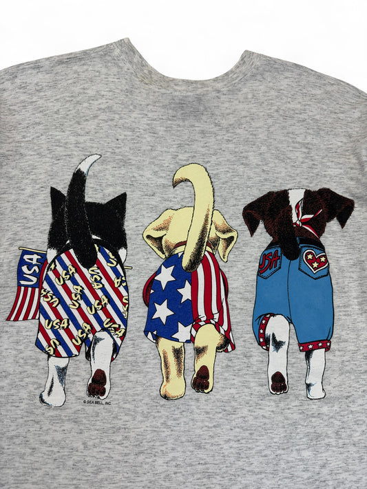 Vintage International Design Group Shirt 90s "Patriotic Dogs USA" Sea Bell Inc Single Stitch Grau XL-XXL