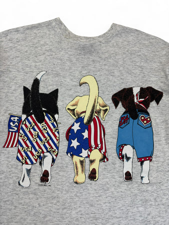 Vintage International Design Group Shirt 90s "Patriotic Dogs USA" Sea Bell Inc Single Stitch Grau XL-XXL