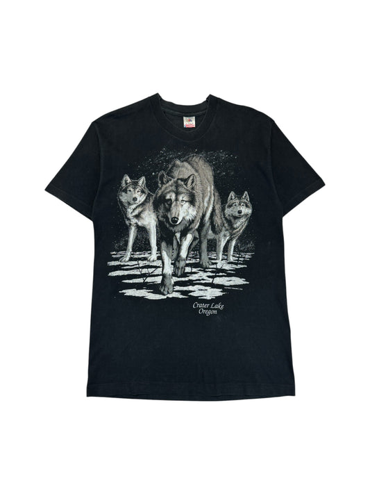 Vintage Fruit Of The Loom Shirt 1994 Fletchers Wildlife "Crater Lake Oregon" Wölfe Single Stitch Made In USA Schwarz L