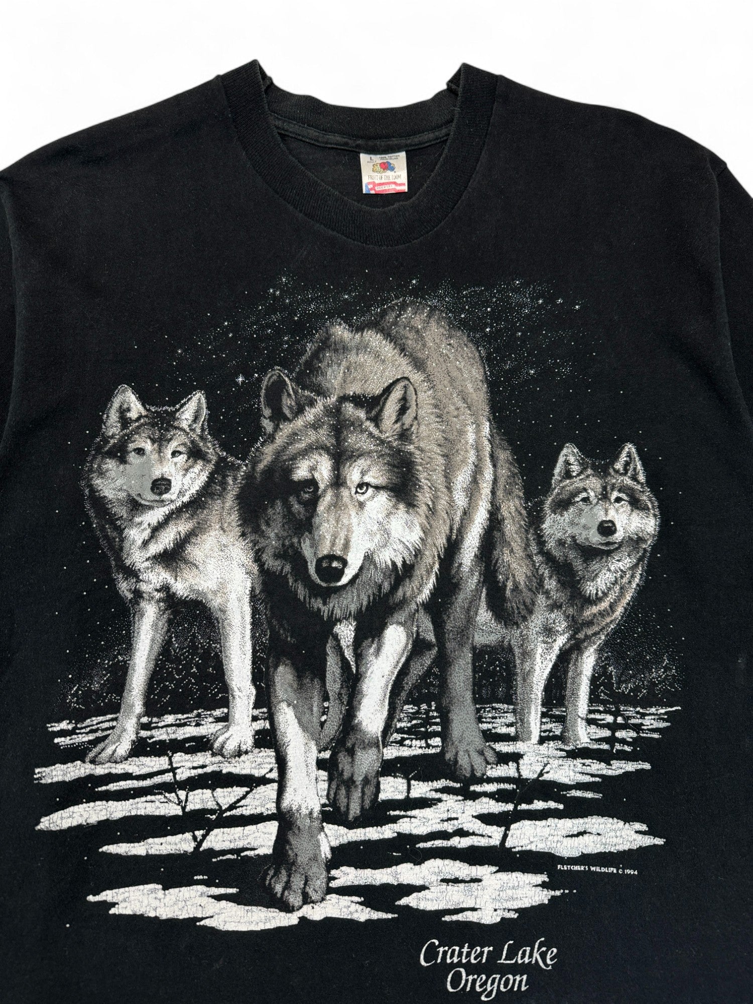 Vintage Fruit Of The Loom Shirt 1994 Fletchers Wildlife "Crater Lake Oregon" Wölfe Single Stitch Made In USA Schwarz L