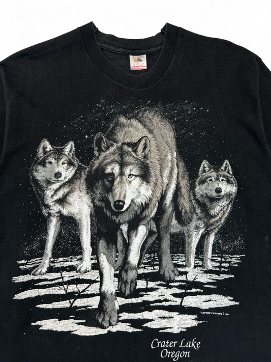 Vintage Fruit Of The Loom Shirt 1994 Fletchers Wildlife "Crater Lake Oregon" Wölfe Single Stitch Made In USA Schwarz L
