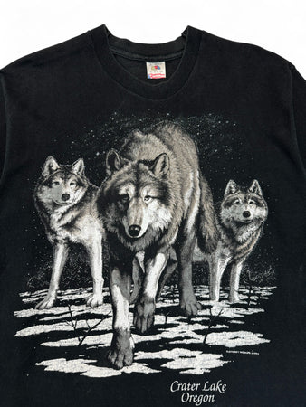 Vintage Fruit Of The Loom Shirt 1994 Fletchers Wildlife "Crater Lake Oregon" Wölfe Single Stitch Made In USA Schwarz L