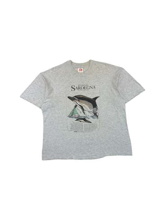 Vintage Hanes Educational Graphic Shirt 1994 "IO VIVO IN SARDEGNA" Delfine Grau XL
