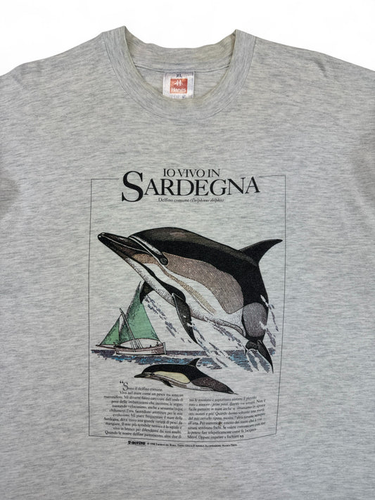 Vintage Hanes Educational Graphic Shirt 1994 "IO VIVO IN SARDEGNA" Delfine Grau XL