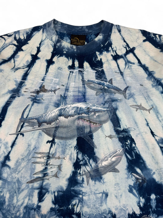 Vintage Planet Earth Shirt 90s "One planet, one future, White Pointers, Shark" Made In Australia Blau L