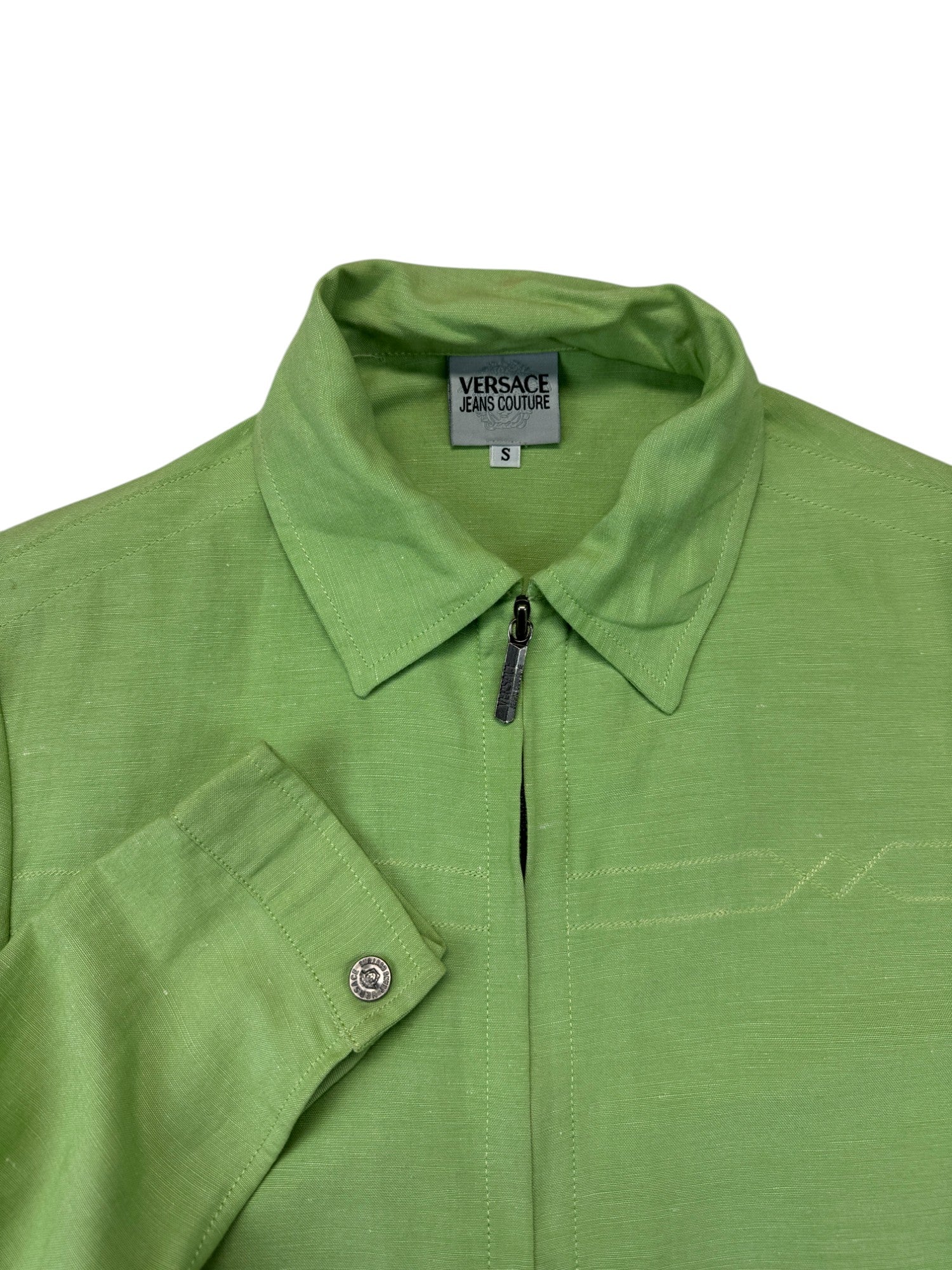 Vintage Versace Jeans Couture Cropped Linen Blend Sommerjacke 90s Damen Grün S