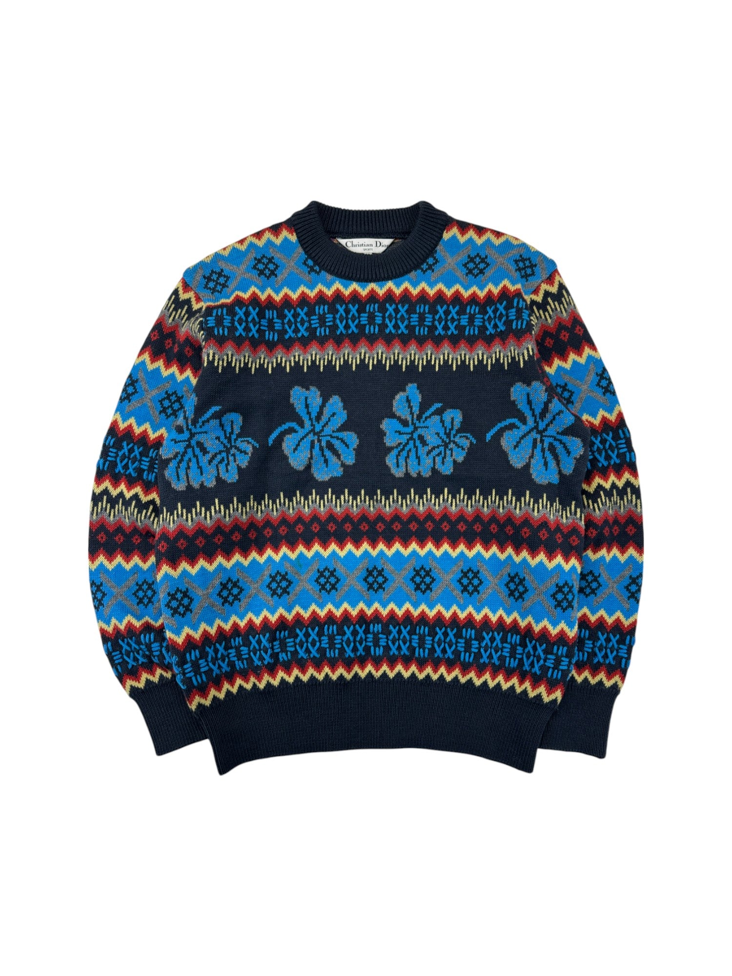 Vintage Christian Dior Sports Strickpullover 80s/90s Wolle Japan Exklusive Blau Bunt M