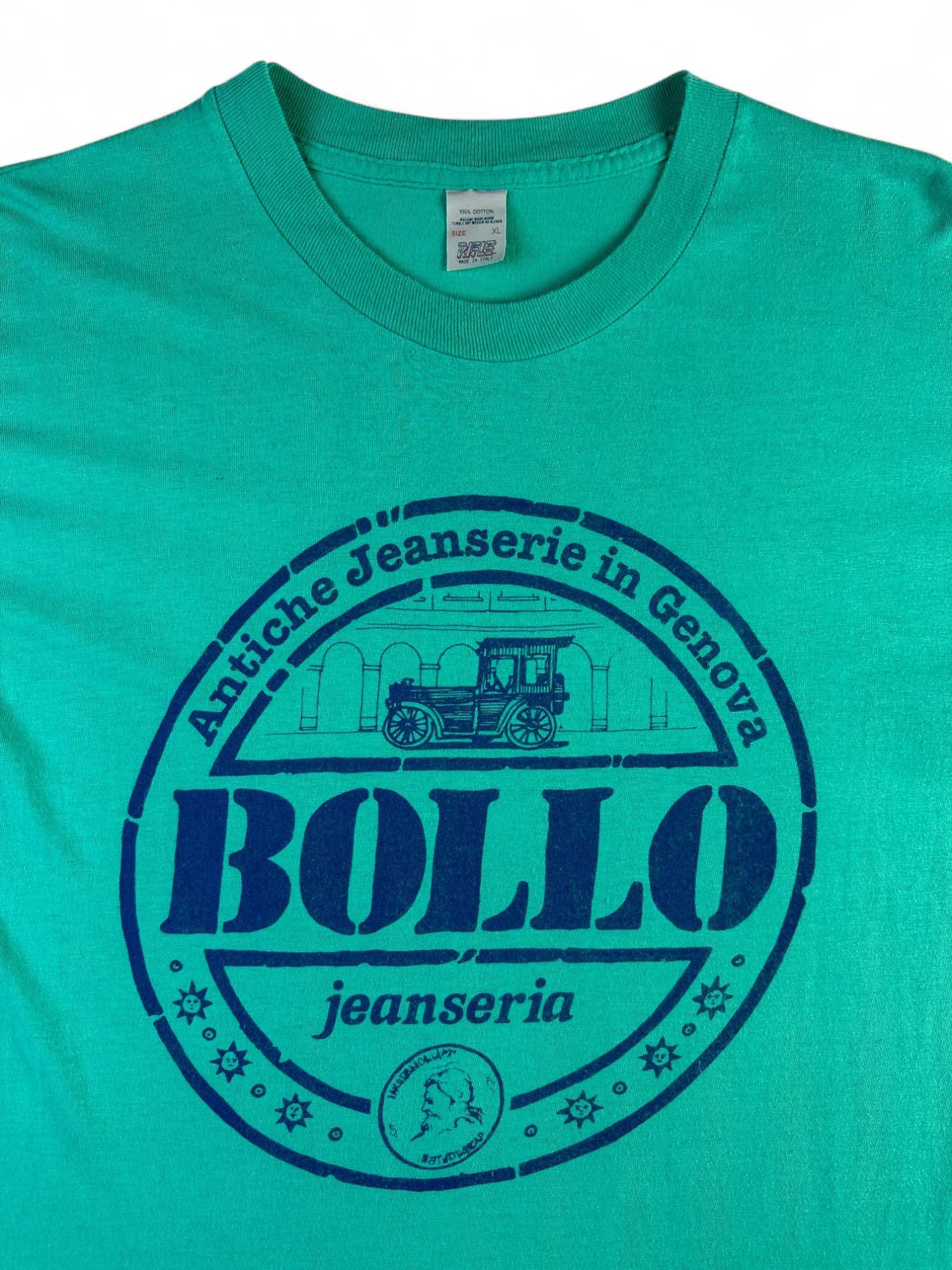 Vintage Rifle Shirt 80s "Bollo Jeanseria" Werbung Single Stitch Made In Italy Türkis/Grün XL - RareRags