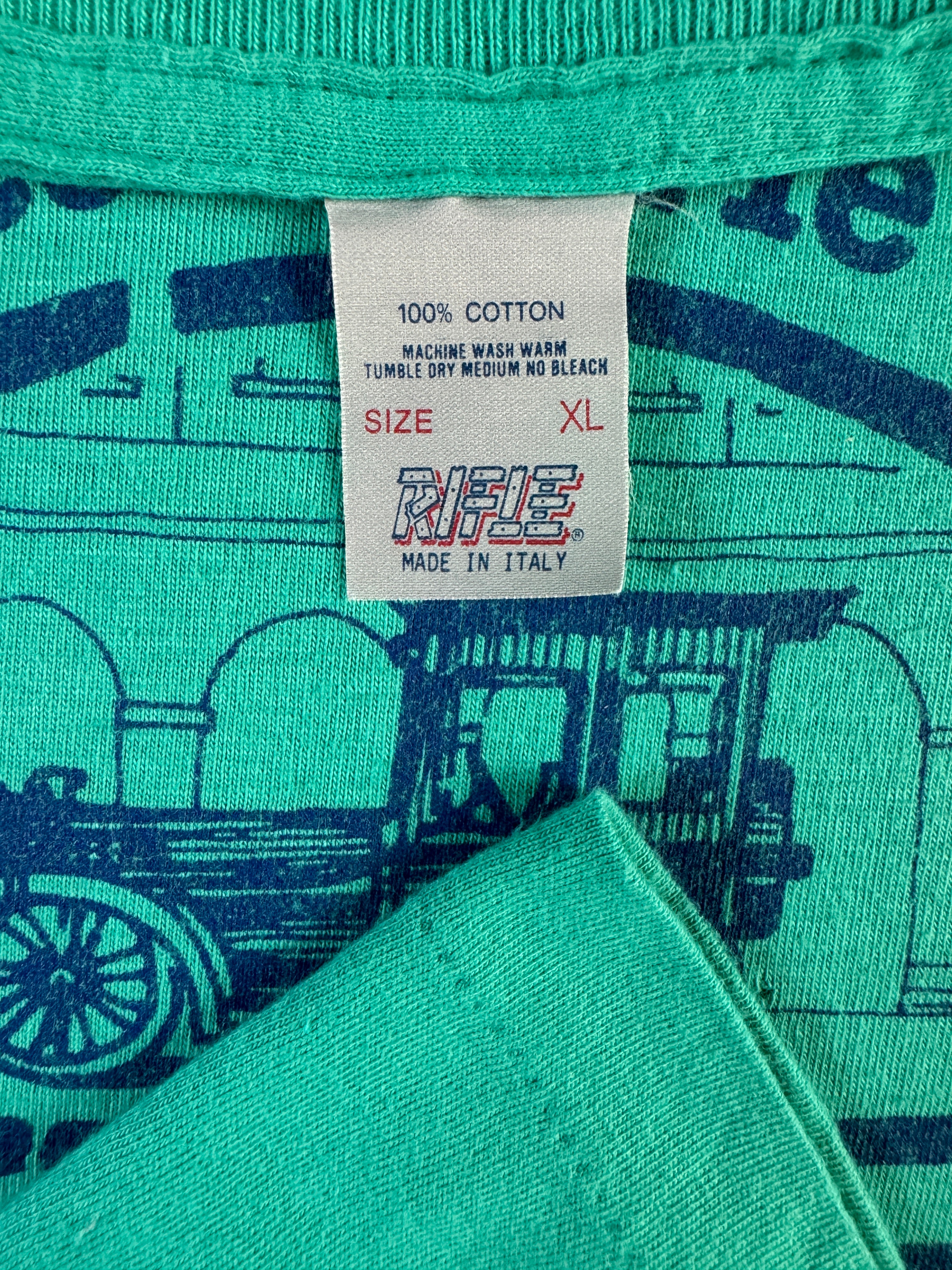 Vintage Rifle Shirt 80s "Bollo Jeanseria" Werbung Single Stitch Made In Italy Türkis/Grün XL - RareRags