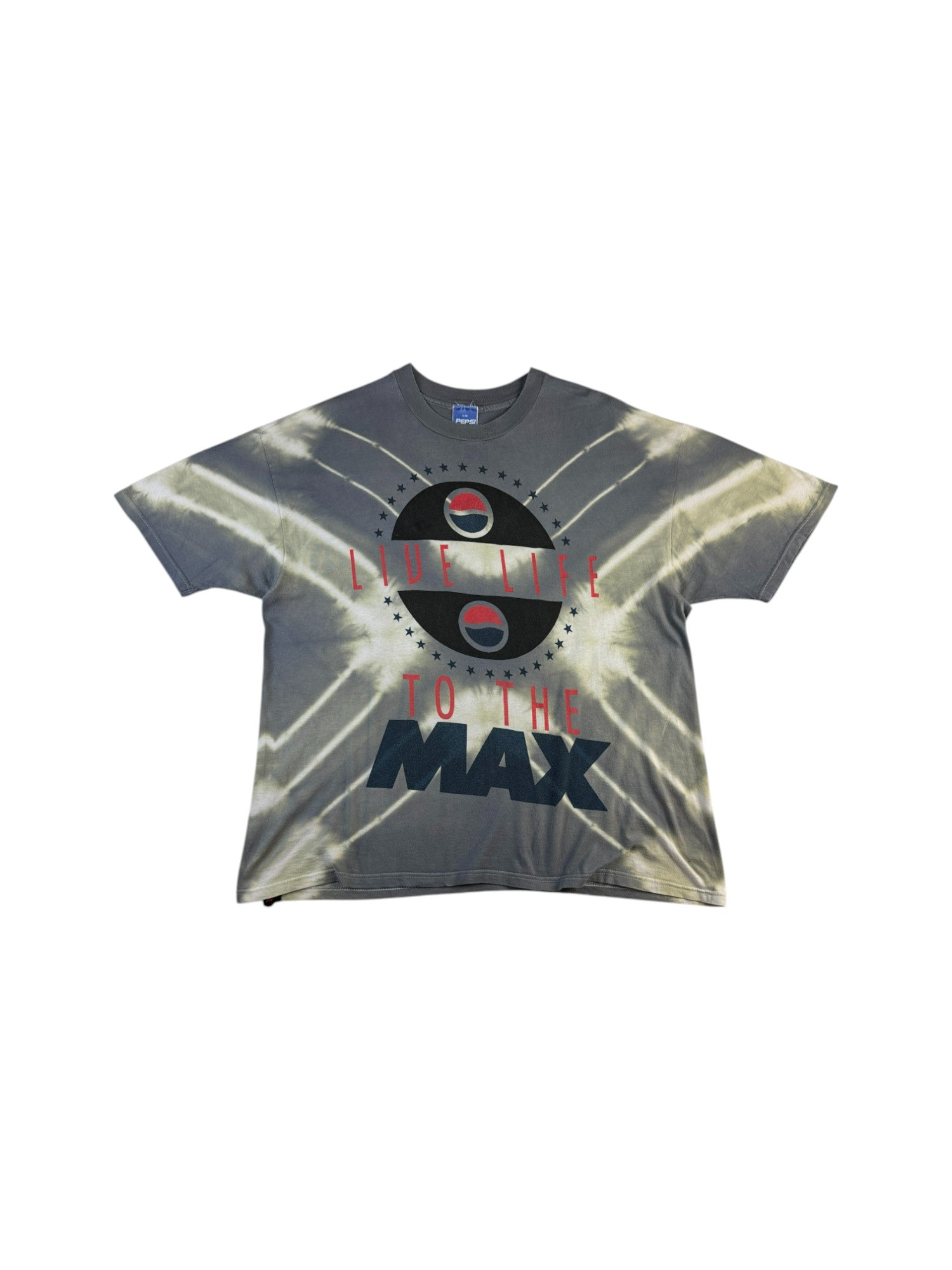 Vintage Pepsi Max Shirt 90s "Live life to the max" Werbung Oversized Tie-Dye/ Batik Grau Weiß S-M