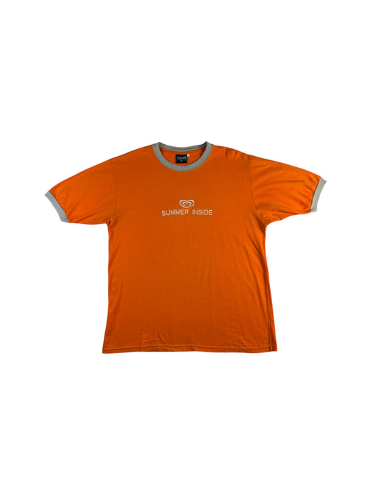 Vintage Swim Ringer-Shirt 90s Langnese Werbung "Summer inside" Orange L