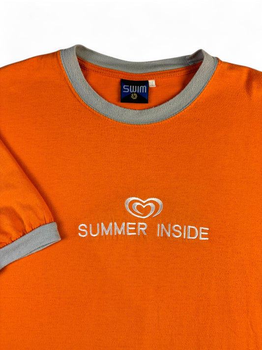 Vintage Swim Ringer-Shirt 90s Langnese Werbung "Summer inside" Orange L