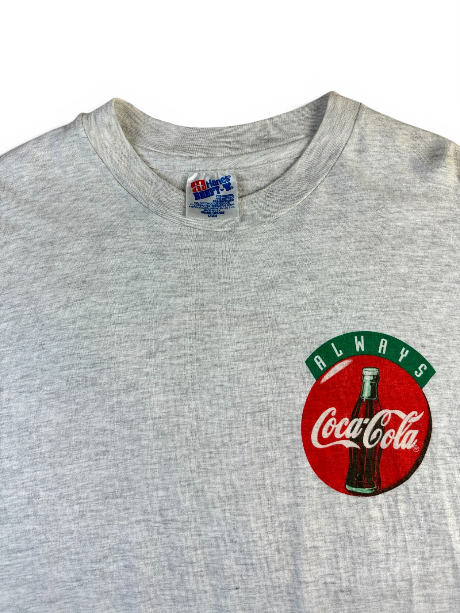 Vintage Hanes Shirt 90s Coca Cola Werbung Made In USA Single Stitch Grau L - RareRags
