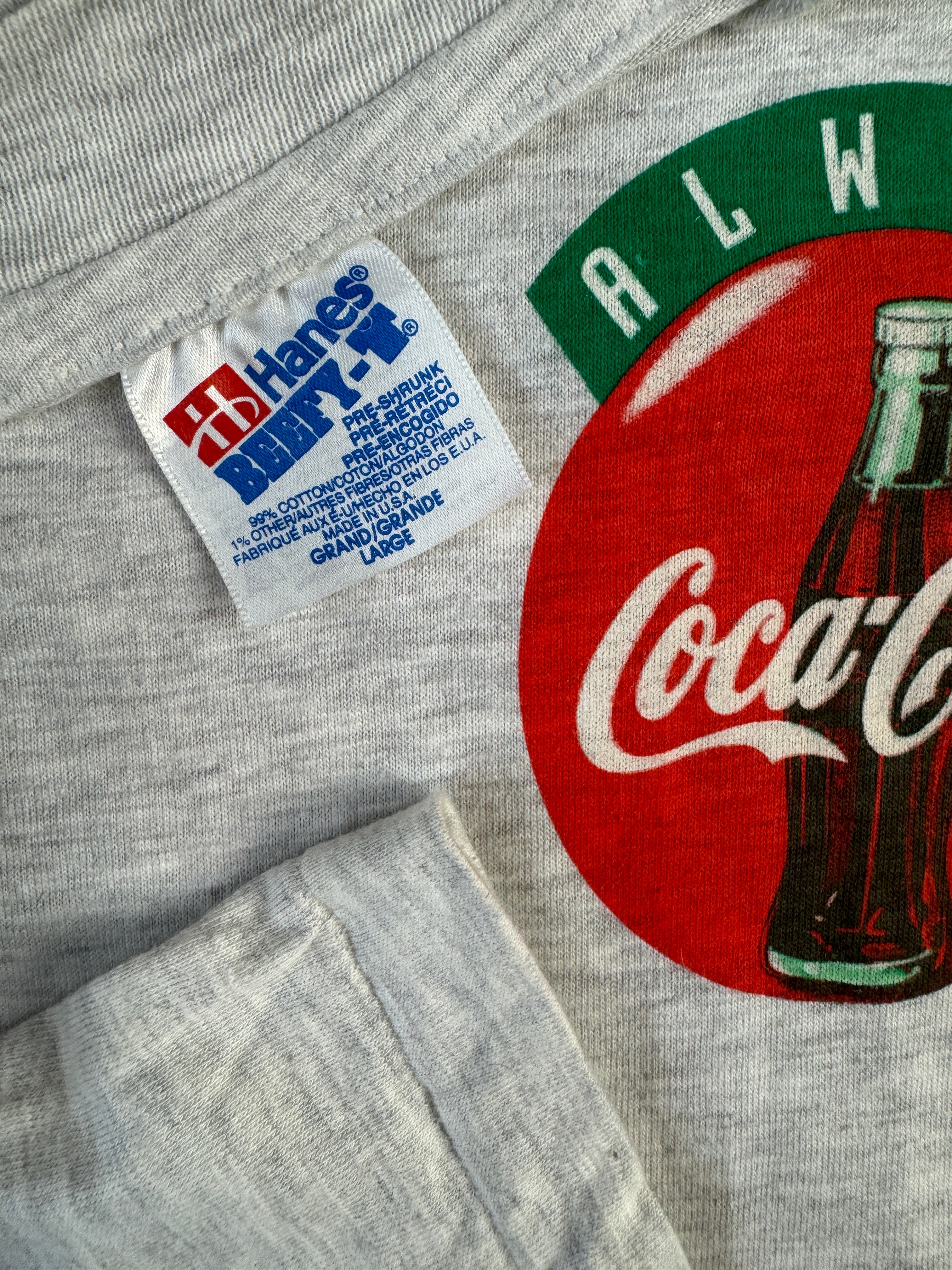 Vintage Hanes Shirt 90s Coca Cola Werbung Made In USA Single Stitch Grau L - RareRags