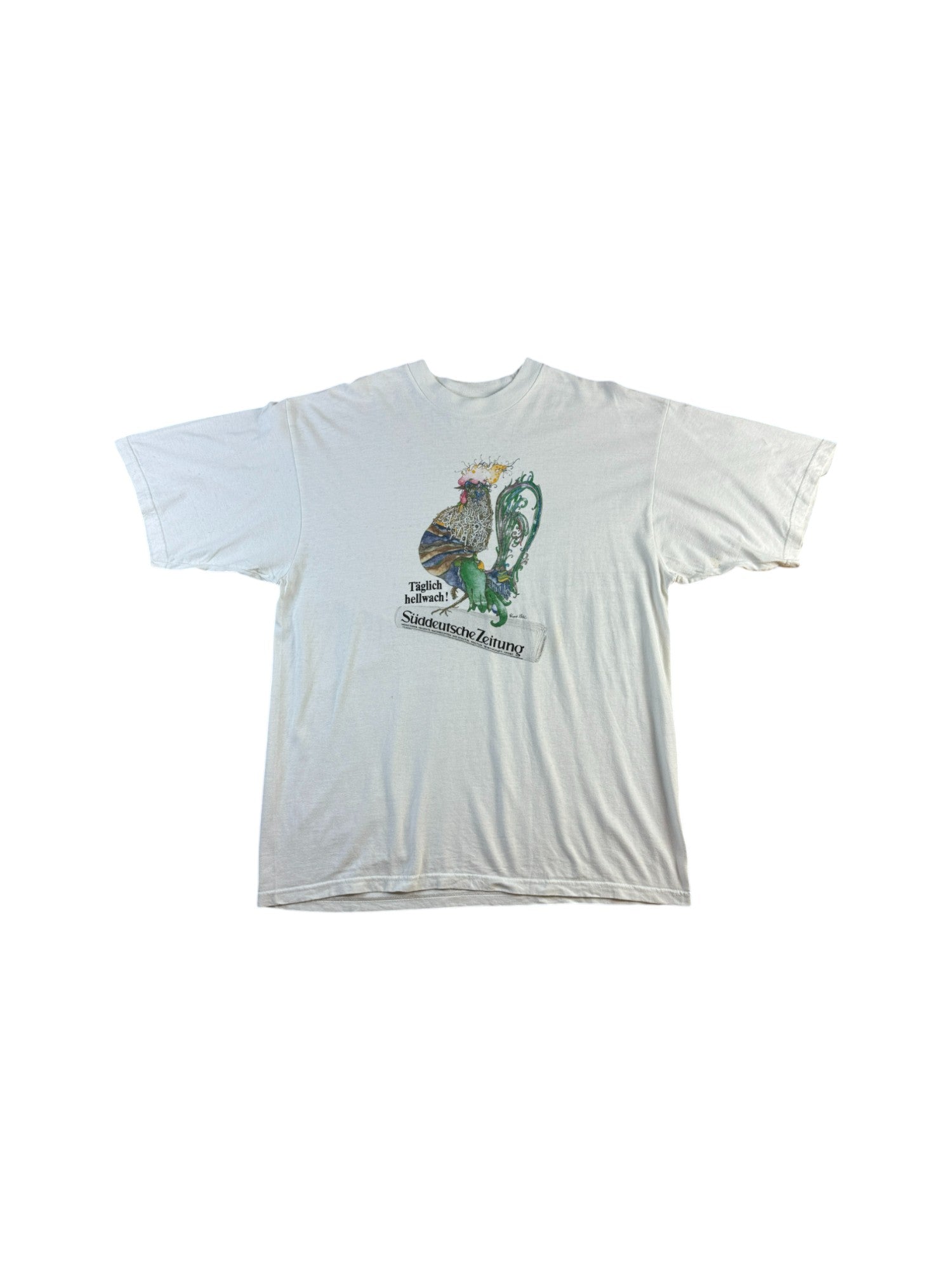 Vintage Süddeutsche Zeitung Shirt 90s "Täglich hellwach" Illustration Artwork Weiß L