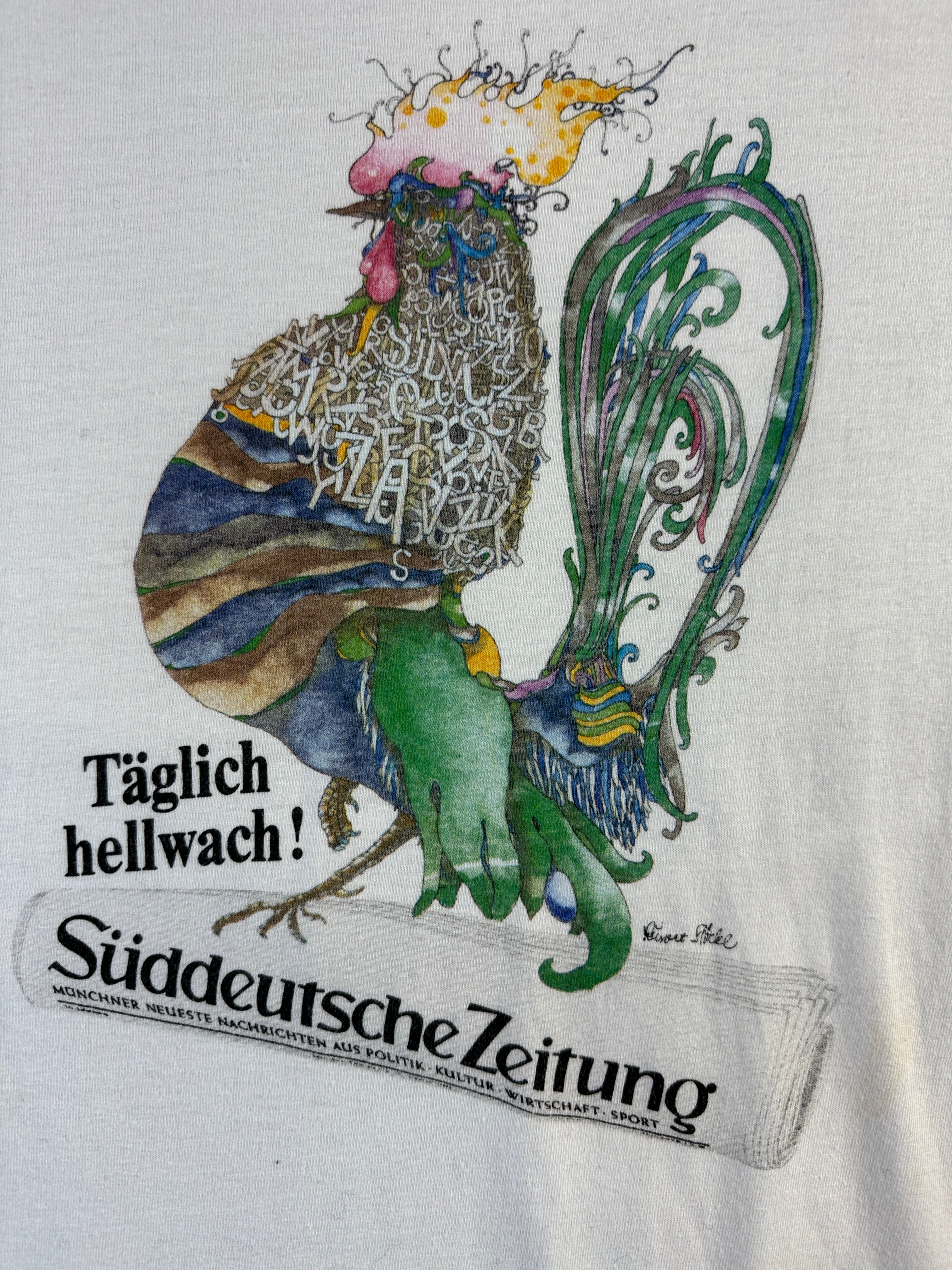 Vintage Süddeutsche Zeitung Shirt 90s "Täglich hellwach" Illustration Artwork Weiß L