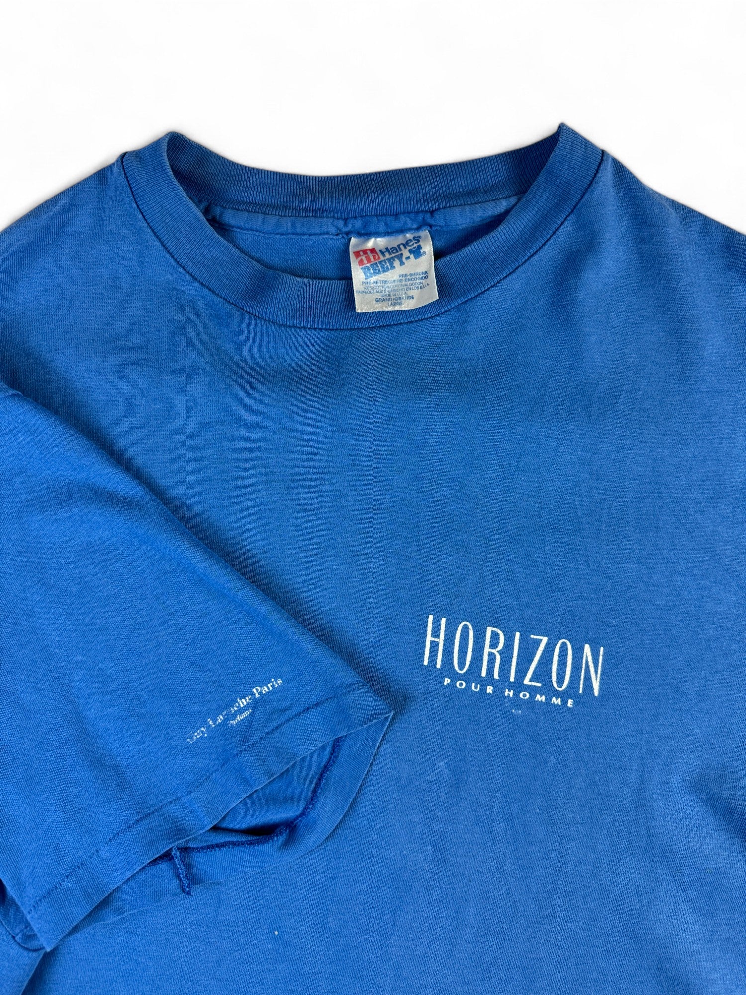 Vintage Hanes Shirt 90s Horizon Pour Homme Guy Laroche Parfüm Single Stitch Made In USA Blau L - RareRags