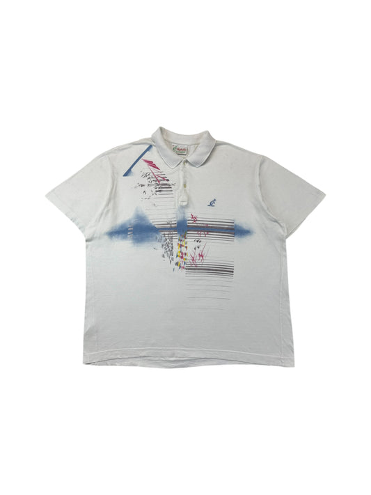 Vintage Australian L'Alpina Polo Shirt 90s Abstract Pattern Made In Italy Weiß 56 XL-XXL