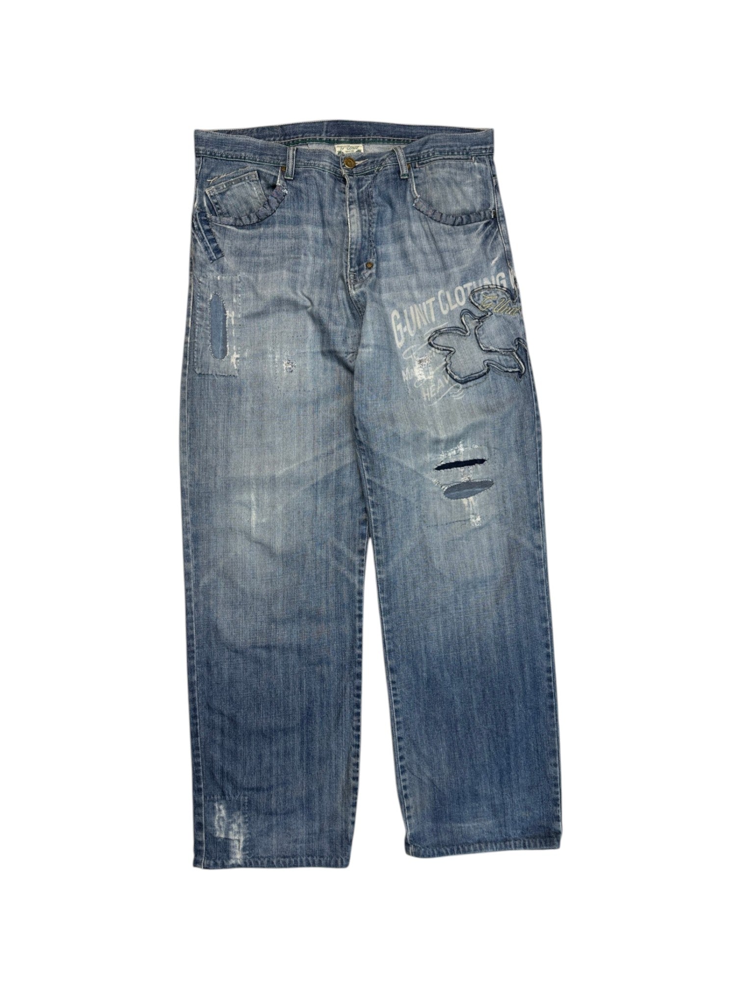 00s G-Unit Baggy Jeans Repaired Made In Hong Kong Blau 36-34 - RareRags