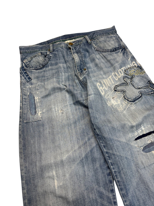 00s G-Unit Baggy Jeans Repaired Made In Hong Kong Blau 36-34