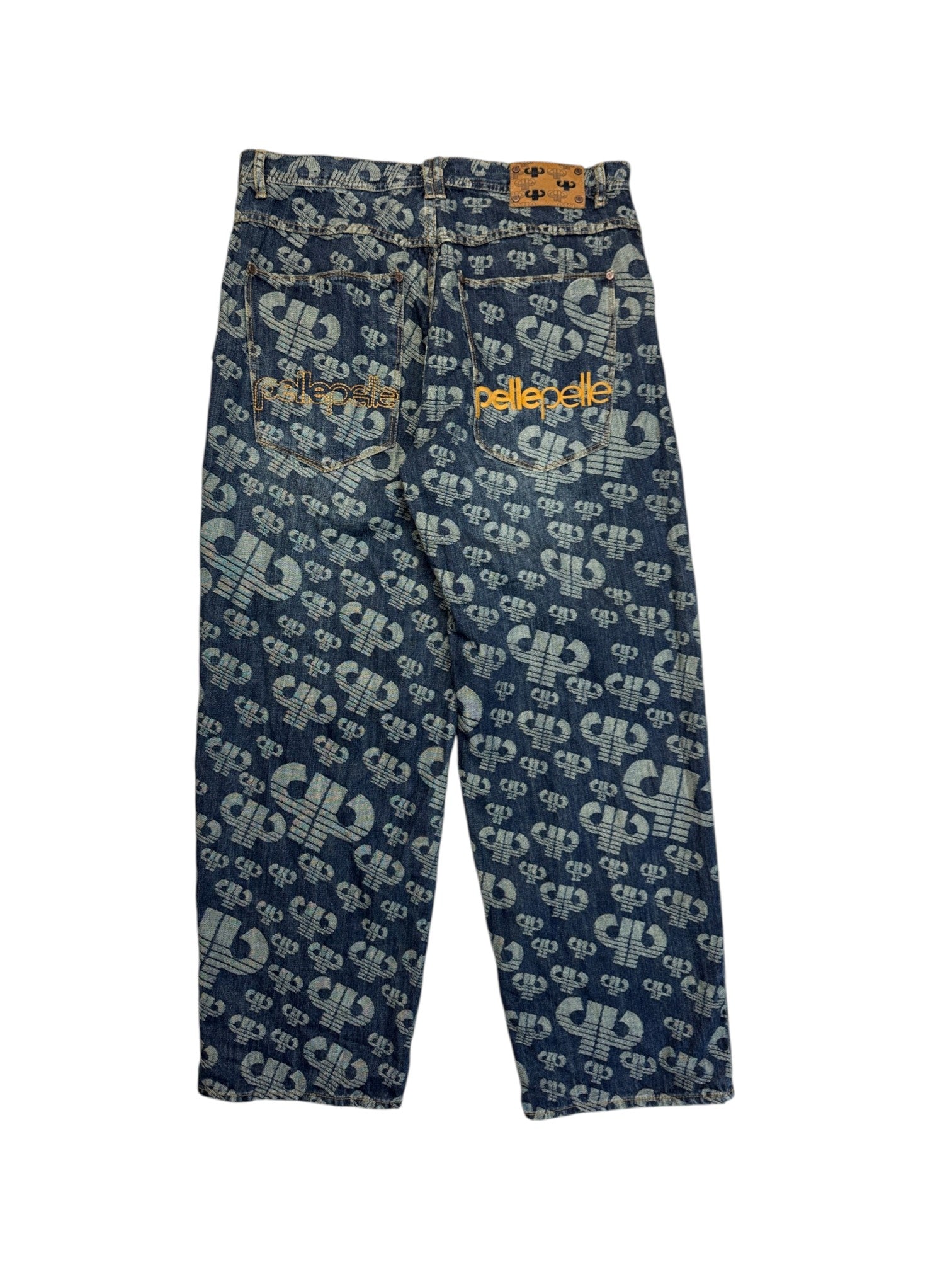 90s Pelle Pelle Baggy Jeans Monogramm Made In Hong Kong Dunkelblau W38 L34 - RareRags