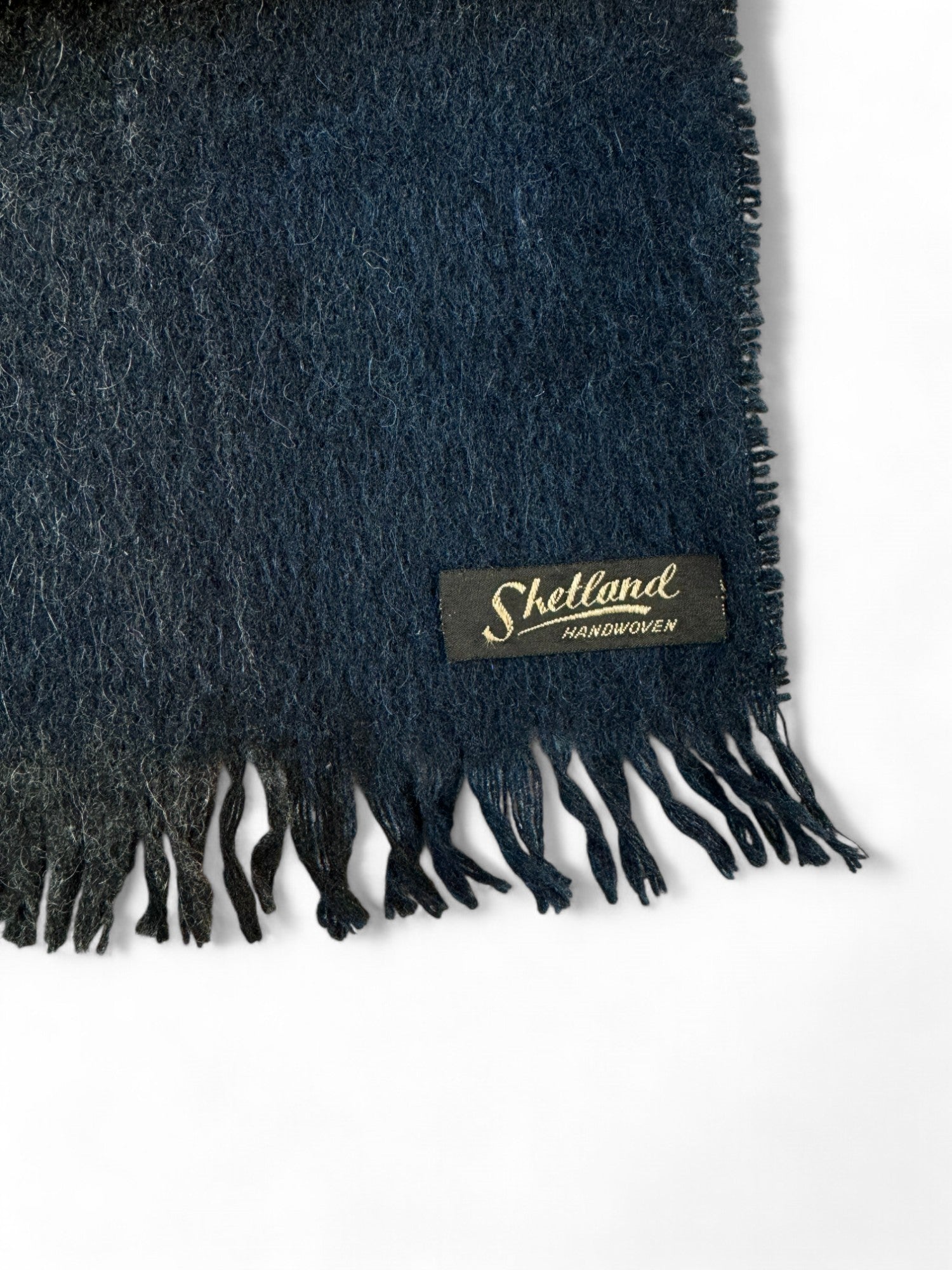 Vintage Schal 90s Shetland Wolle Handwoven Kariert Blau Schwarz - RareRags
