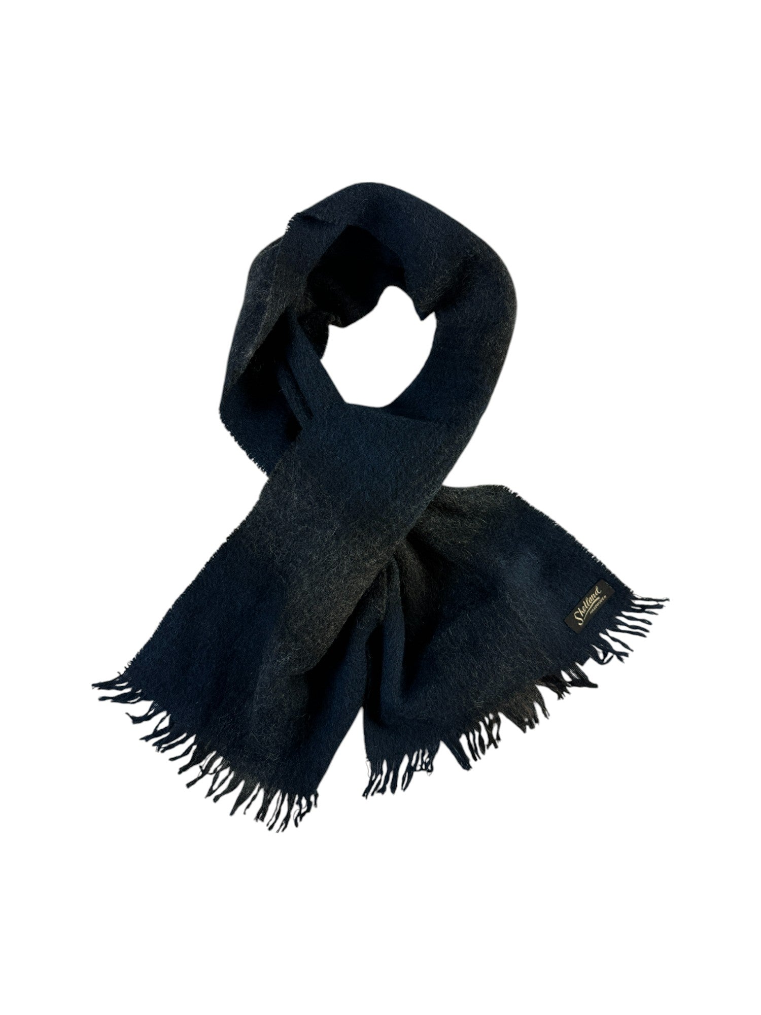 Vintage Schal 90s Shetland Wolle Handwoven Kariert Blau Schwarz - RareRags