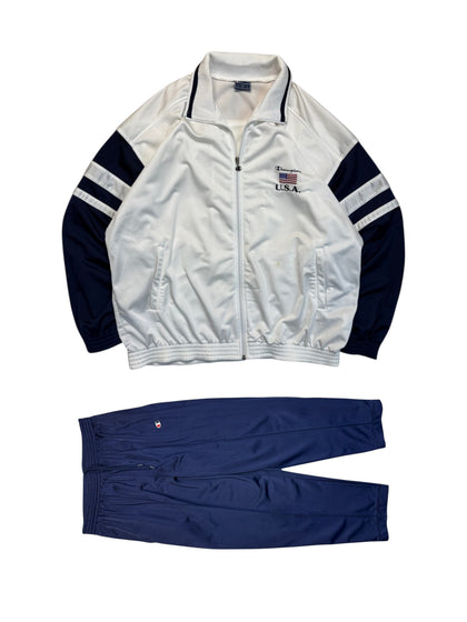 90s Champion USA Tracksuit Dunkelblau Weiß XL