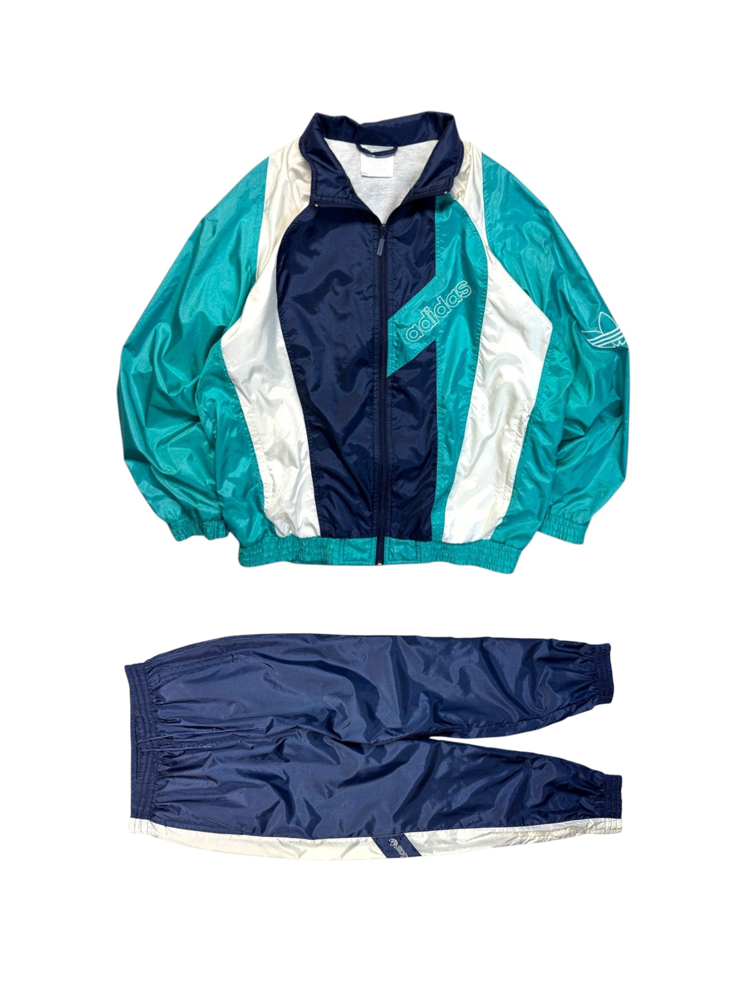90s Adidas Nylon Sportanzug Dunkelblau Grün/Türkis D6 M - RareRags