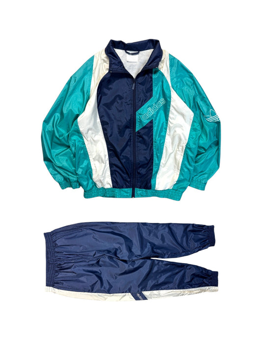 90s Adidas Nylon Sportanzug Dunkelblau Grün/Türkis D6 M - RareRags