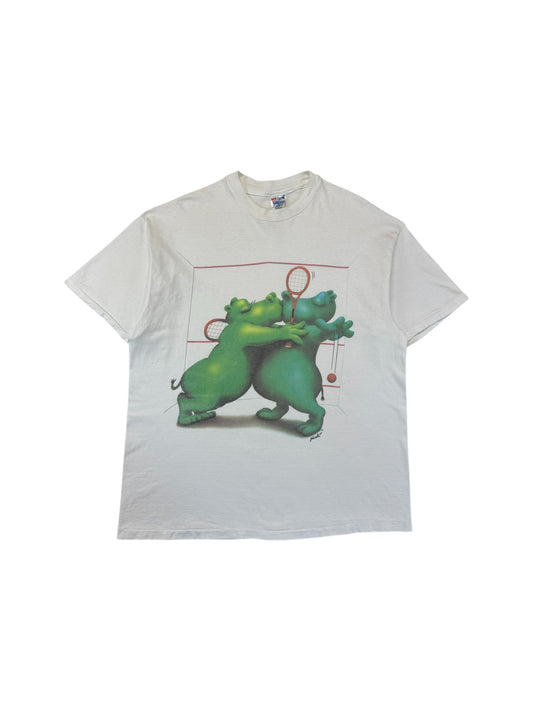 Vintage Hanes Shirt 90s Tennis Hippos Single Stitch Made In USA Weiß XL